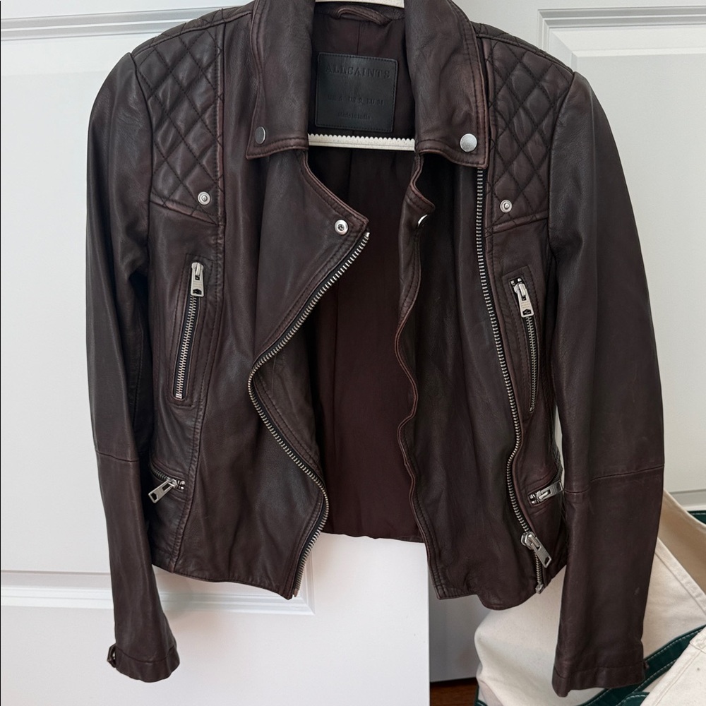 ALL SAINTS women’s brown conroy moto leather jacket